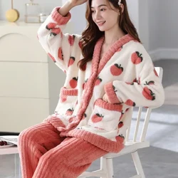 Kış sıcak pazen kadın pijama setleri kalın mercan pijama kadın polar pijama kalın pazen uzun pijama takımı kız için