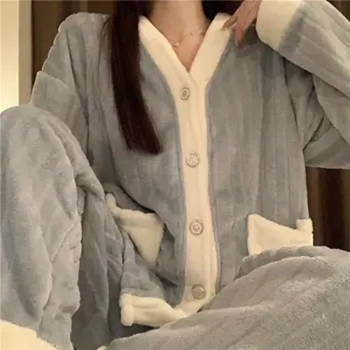 Setiau Pyjama Merched yr Hydref Gaeaf Melfed Llawes Hir Coral Trwchus Pyjamas Chic Syml Lliwiau Cyferbyniol Lliwiau Setiau Pyjama Cynnes