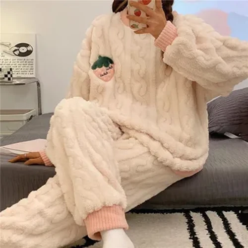 2024 Gaeaf Cadw'n Gynnes Pyjamas Merched Llewys Hir Tewychu Merched Dillad Cwsg Set Dau ddarn Cnu Pyjamas Gaeaf Cynnes Merched