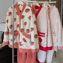 Strawberry Print Schlofkleeder Damen Pyjamas Set Wanter Fleece Samt 2 Stéck Heem Kostüm Schlof flauscheg Koreanesch Piiama Warm Night Wear