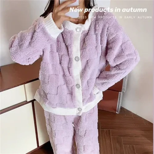 Yr Hydref Gaeaf Kawaii Cartwn Pyjama Setiau Pyjamas Merched Pyjamas Gwlanen Gynnes Loung Cysgu Merch Pijama Mujer Noson Siwtiau Cartref Dillad Cartref PJ