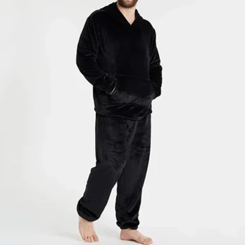 Lomra Geimhridh na bhFear Pajama Te Socraigh Baile Bog Pócaí Dath Soladach Barraí Srónbheannach Cochaillithe Agus Pants Éadaí Codlata Tiubh Plush Éadaí Baile