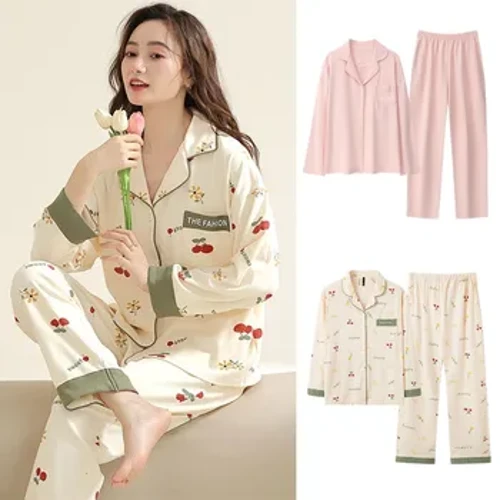 Nữ Thu Đông Bộ Đồ Ngủ Bộ Cổ Bẻ Áo Sơ Mi + Quần Ống Rộng 2 Chiếc Phù Hợp Với Nữ Casual Quần Áo Ở Nhà hoạt Hình Đồ Ngủ
