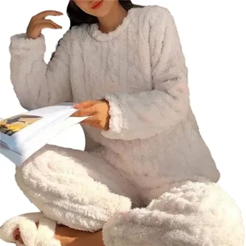 Pigiama caldo da donna autunno inverno addensato in flanella set pigiama da notte in velluto a maniche lunghe in velluto corallo tinta unita