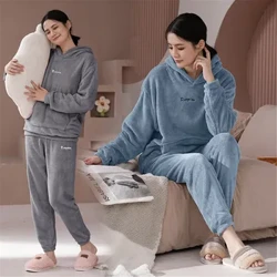 Set de pijamale din catifea coral pentru dama, toamnă și iarnă, moale, caldă, cu buzunar, cu glugă, pantaloni, îmbrăcăminte de noapte, îmbrăcăminte de modă pentru femei