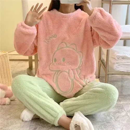 Seturi de pijamale de flanel pentru femei, ocazional, toamnă, iarnă, pijama din catifea, pijama pentru femei, pijama cu desene animate pentru femei, 2 piese, haine calde pentru acasă