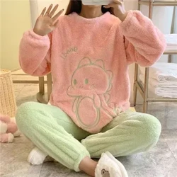Flannel Pambabaeng Pajama Sets Kaswal Autumn Winter Sleepwear Velvet Pajama Ladies Cartoon Pijama Mujer 2 Piece Pjs Warm Homewear