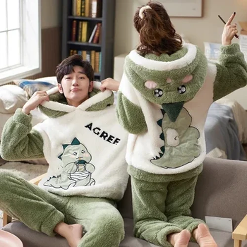 Par Pyjamassæt Kvinder Mænd Vinter Tykke Pyjamas Nattøj Tegnefilm Dinosaur Koreanske elskere Hjemmetøj Blød Varm Pijamas Hættetrøjer