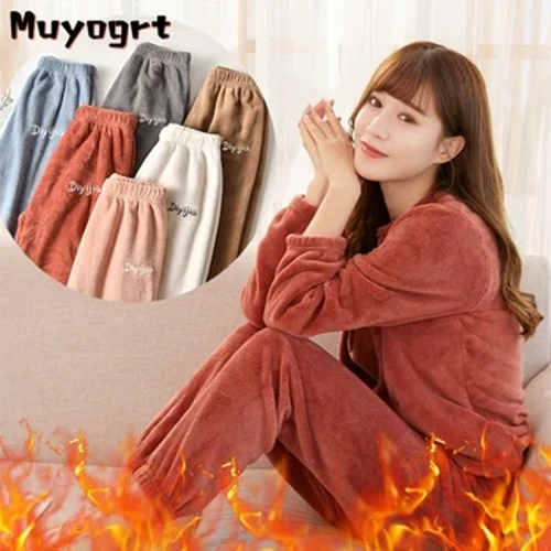 Efterår Vinter Kvinder Pyjamas Suit Pels Langærmet Nattøj Flanell Varm Fløjl Søde Overdele Og Bukser Sleep Homewear