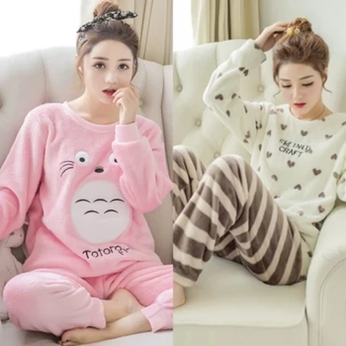 Yangi kuzgi qishki uzun yengli flanel issiq pijama ayollar multfilmli yumshoq pijama to'plamlari qizlar uchun kundalik pijama kostyumlari uy kiyimi