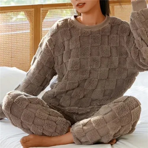 Conjunto de pijamas de lana para mujer, ropa de dormir de invierno de terciopelo liso, pantalón de 2 piezas, traje para casa, pijamas informales esponjosos, ropa de noche cálida con cuello redondo 2023