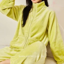 Winter Zipper Pajamas Sets Women Loungewear Flannel Warm Sleepwear Home Suits Homewear Ladies Flannel Plush Lounge Sleep Wear