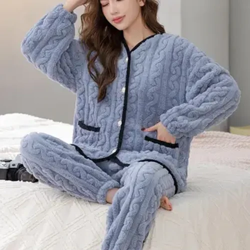 Dillad Cwsg Pyjamas Merched Setiau Cnu Gaeaf Felfed 2 Darn Siwt gartref Cwsg Gwisgwch Nos Gynnes blewog Corea