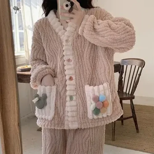 Flannel Pyjamas Sæt Kvinder Vinter Varm Enkeltradet 2 Del Sæt Langærmet Sød Elegant Behåret Løst Varmt Hjem Beklædning