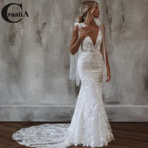 Croadia rochie de mireasă sexy cu sirenă de mireasă pentru femeie cu decolteu în V adânc, panglică fără spate, 2024, cu aplicații noi, rochii de novia personalizate