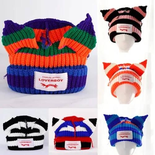 Loverboy chapéu de malha com orelha de gato, chapéu de lã quente com orelha de porco, camada dupla, bonito, fashion, com capuz, design de nicho, hip-hop, personalidade, chapéu frio