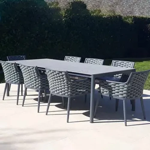 Ifenisha yangaphandle ye-Rattan ifenisha ye-Nordic Outdoor Garden Furniture Setha Ithebula Le-patio Nezihlalo Zasekhaya I-Villa Courtyard Dining Tabula Nezihlalo