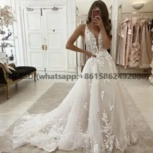 ʻO nā lole mare 2023 Bohemia V-Neck Beach Bridal Gown Vintage A-Line Appliques Vestido De Novia no nā wahine i hana maʻamau