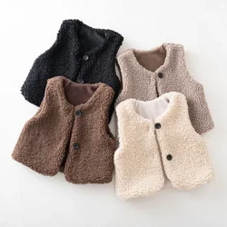 Höst Vinter Baby Lammull Plus sammetsväst Flickor Pojkar Plyschväst Enkelknäppt V-hals Barn Varm Mode Varm kappa