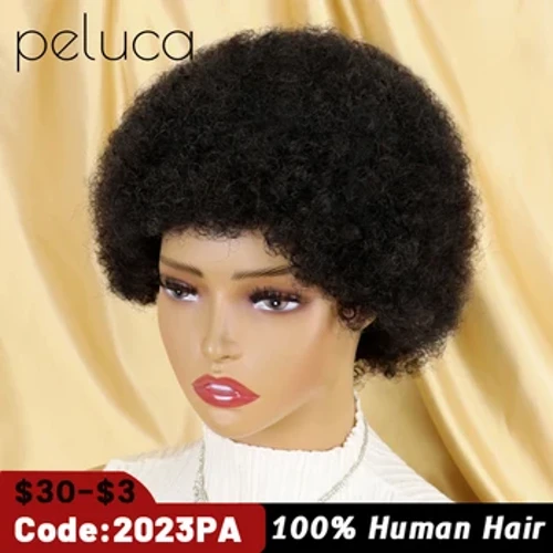 Wigiau Gwallt Afro Kinky Cyrliog Byr Wigiau Gwallt Pixie Cut Remy Brasil Wigiau Gwallt Dynol Ar gyfer Merched Du Glueless Burgundy Brown Rhad