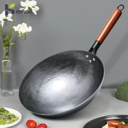 Tradicinis geležinis wok, rankomis plaktos geležinės keptuvės, maišomos keptuvės, nepadengtos Wok virtuvės keptuvėms medinės rankenos Wok dujinio puodo indai