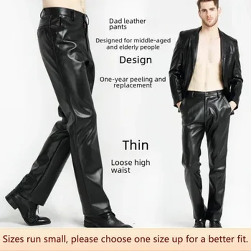 2024 Pants Lledr Tenau Llawn Gwasgedd Uchel-ffit Worldlin Ar gyfer Dynion Hŷn Canol Oed Mewn Pants Beic Modur Du Gaeaf