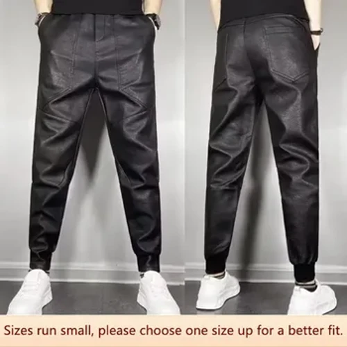 Hydref/gaeaf Achlysurol Cynnes Dynion Slimming Traed Elastig Pu Pants Lledr Beic Modur Trendy Ieuenctid Aml-boced wedi'i Bwndelu Harlan Pants