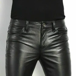 Pu läderbyxor herr mode rock stil nattklubb dance pants mäns faux läder smal passande magra motorcykelbyxor