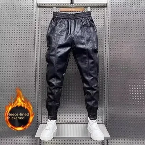 Pantaloni lunghi in pelle PU casual ispessiti foderati in pile autunno/inverno per uomo Pantaloni lunghi ispessiti per piedi piccoli