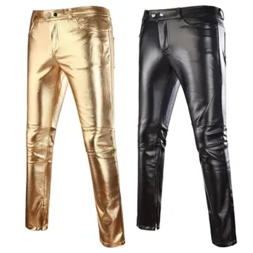 Mens Skinny Shiny Gold Silver Black PU Amabhulukwe Esikhumba Isithuthuthu Amadoda Iklabhu yasebusuku Amabhulukwe Esiteji Sabaculi Abadansi Amabhulukwe Avamile