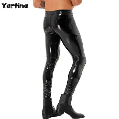 Trowsus Crotch Zipper Dwyffordd Dynion Dillad Clwb Patent Lledr Moto Beiciwr Pants denau Legins Parti Beic Modur Teits Pants