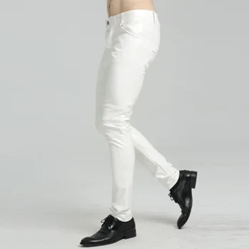 Men's Leather Faux Dynion Ffasiwn Roc Clwb Nos Pants Dawnsio Slim Fit Trowsus Beic Modur denau Dewis Pants Lledr PU