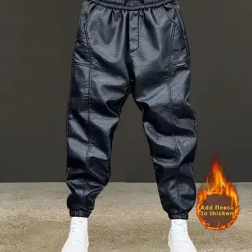 Calças de veludo masculinas, à prova de vento, à prova d'água, calças de couro sintético com cintura elástica, retalhos com faixas no tornozelo, para ciclismo ao ar livre