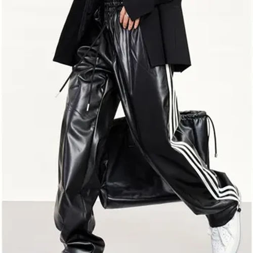 Baggy Pants Classic Stripe High-klass läderbyxor Personlighet Häng Löst raka byxor för män och kvinnor
