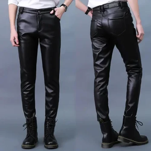 Pants Lledr Dynion Trowsus Lledr Slim PU Ffasiwn Pants Lledr Beic Modur Elastig Gwrth-ddŵr Gwaelodion Gwryw sy'n Dal Dŵr