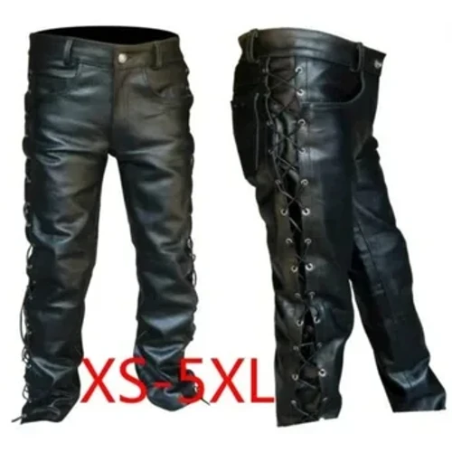 Ochr Lledr Trwchus Du Dynion Laces Up Jeans Style Pant Hir Beic Modur Trowsus Lledr Pants beic modur lledr