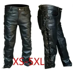 Calça jeans masculina de couro grosso com cadarço lateral, calça longa estilo motocicleta, calça de couro para motocicleta