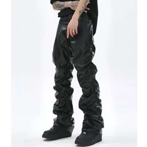 Pants Leathar Hip Hop Mens Pants Leathar Harajuku Retro Streetwear Bríste Corrúla Loose Ruched Pants Dubh Dath Soladach