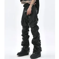 Hip Hop Dynion Pleated Pu Pants Lledr Harajuku Retro Streetwear Loose Ruched Trowsus Achlysurol Straight Solid Colour Black Pants