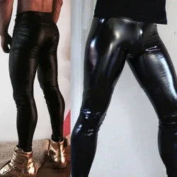 Calças masculinas de couro pu, legging com aparência molhada, calças justas, roupa de balada, traje de show, látex elástico, calças compridas apertadas brilhantes