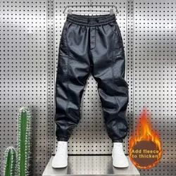 Trowsus Lledr Faux Pants Beicio Cynnes Pants Lledr Dynion Ffacs gwrth-ddŵr gwrth-wynt gyda gwasg elastig ar gyfer beicio