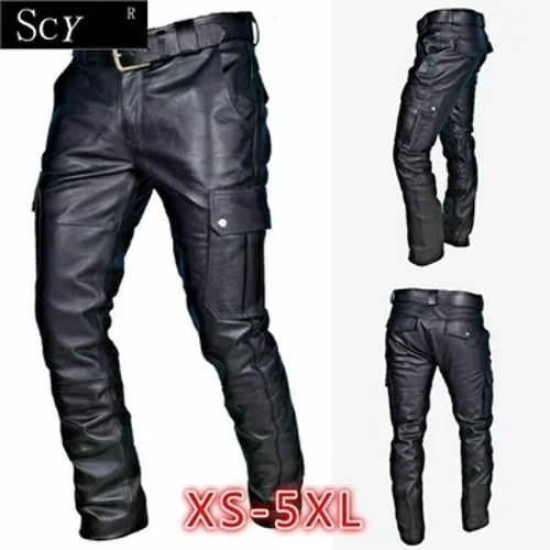 Calça masculina de couro para motocicleta com bolsos cargo, preta, calça de couro para motocicleta sem cinto