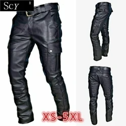 Pants Beic Modur Lledr Dynion gyda Pocedi Cargo, Du, Pants Beic Modur Lledr Dim Belt