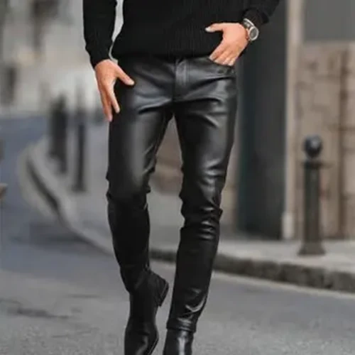 Erkek PU Deri Pantolon İş Rahat Düz Slim Fit Cep Kalem Pantolon