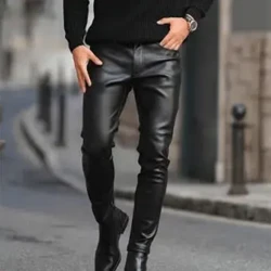 Pants Leathar PU na bhFear Pants Peann luaidhe Póca Póca Corr Plain Fit caol