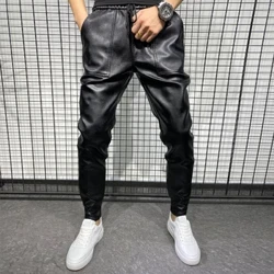 PU-läderbyxor Hög kvalitet vinterkoreanska lyxkläder Stor storlek Vindtät Casual varma byxor Svart Pantalon Cuero Hombre