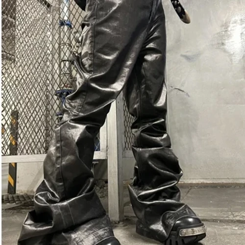 ʻO ke alanui kiʻekiʻe ʻākea wāwae ʻōniʻoniʻo Pu ʻili Pants Paʻa Paʻa Boot ʻoki ʻia i nā kāne a me nā wahine pololei ʻeke ʻeke Jeans maʻa ʻulaʻula nui.