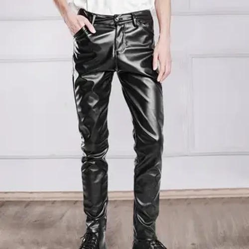 Vīriešu mākslīgās ādas bikses Slim Fit, elastīgas, spīdīgas, elpojošas vidukļa vidusdaļās, elpojošas kabatas līdz potītei, ielas apģērbs Hip Hop Club zīmuļu bikses