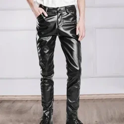 Erkekler Suni Deri Pantolon Slim Fit Elastik Parlak Orta Bel Nefes Cepler Ayak Bileği Uzunlukta Sokak Şıklığı Hip Hop Kulübü Kalem Pantolon