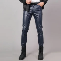 Pavasara rudens vīriešu ādas bikses Skinny Fit elastīgas modes PU ādas bikses Punk Cosplay deju bikses